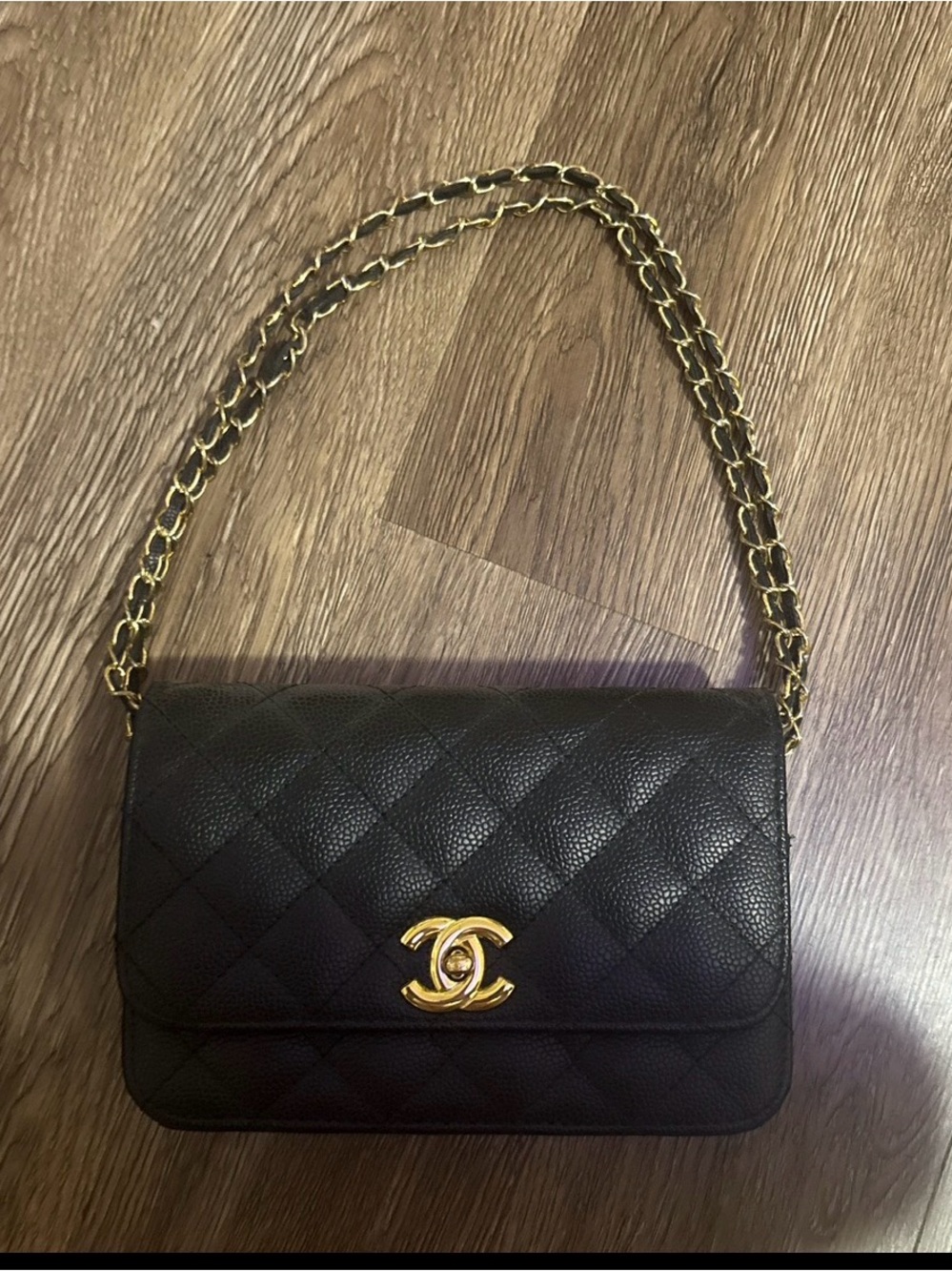 Black Quilted Shoulder Bag with Gold Chain and Logo